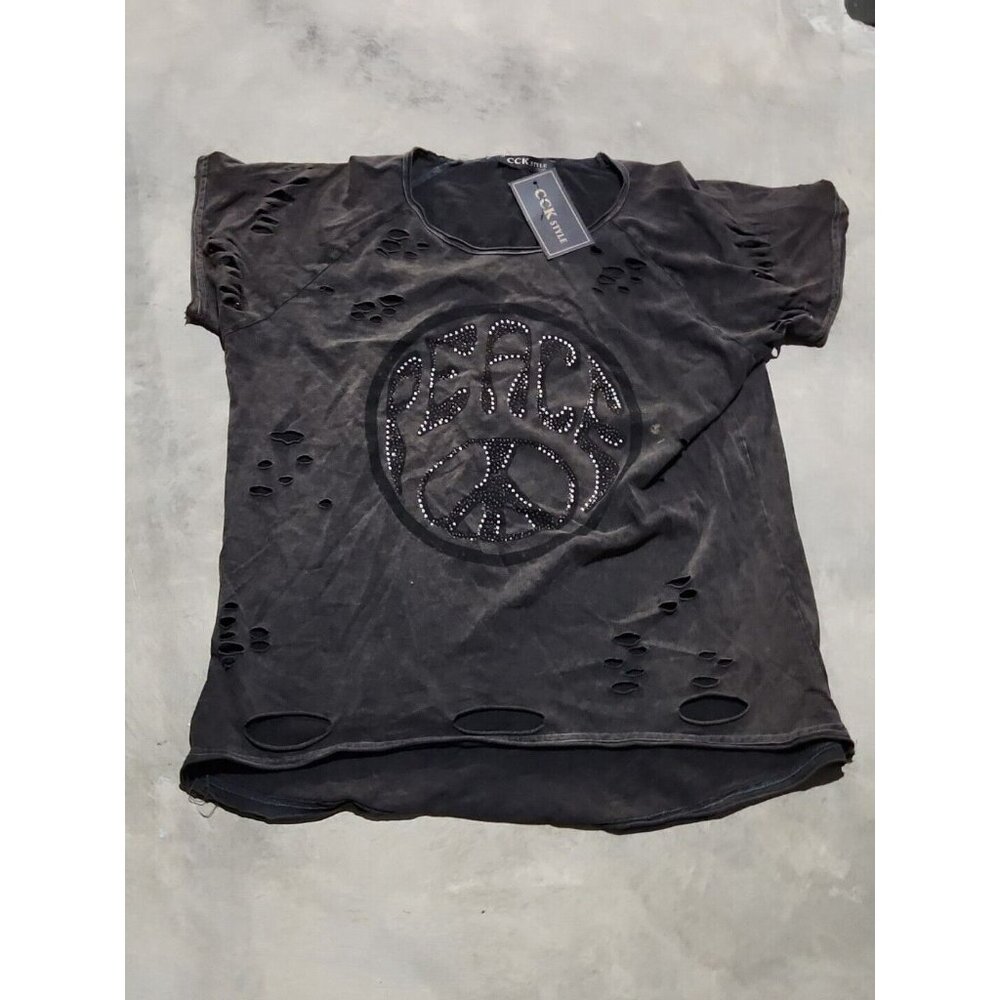 CCK Style Anthracite 'Peace' Bedazzled Distressed Tee Women's Size Lg/40